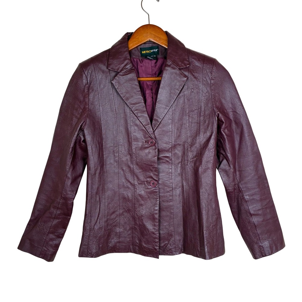 Y2K 90s Vtg Blazer Sz S Genuine Leather Burgundy Hipster Indie Fitted Jacket